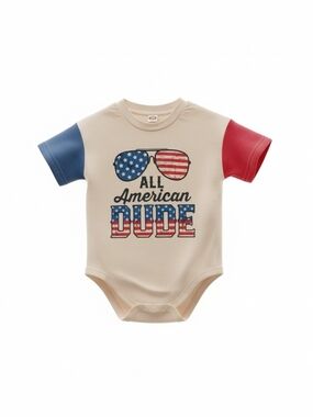 All American Dude Beige Cute One-Piece with Red & Blue Sleeves Size 0-3 Months